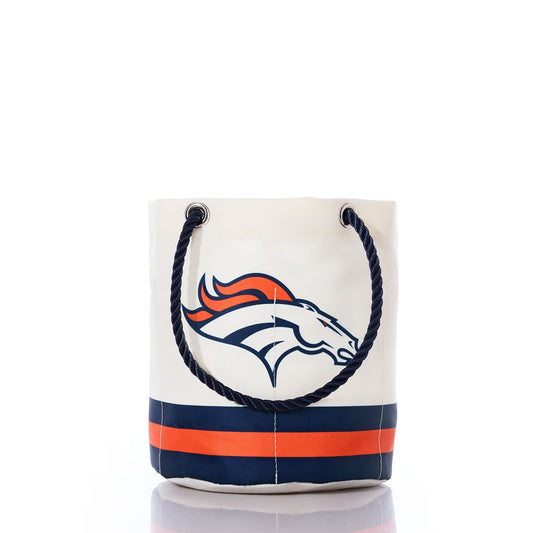 Denver Broncos Beverage Bucket by Sea Bags with navy blue rope handles, crafted from recycled sail cloth and featuring the Denver Broncos NFL logo along with orange and navy stripes near the bottom, photographed against a white background. by Sea Bags