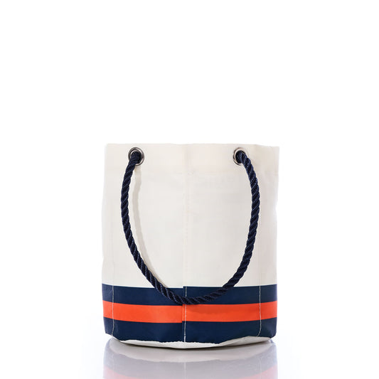 Denver Broncos Beverage Bucket by Sea Bags, crafted from recycled sail cloth with navy rope handles and a navy and orange striped band near the bottom, displayed on a white background. by Sea Bags