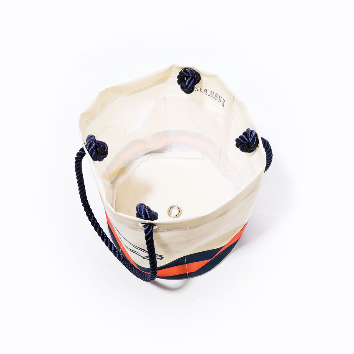 A top-down view of the open Sea Bags Denver Broncos Beverage Bucket, featuring navy rope handles with decorative knots and a bold red and navy stripe along the side, expertly crafted from recycled sail cloth for a distinctive, eco-friendly appeal. by Sea Bags