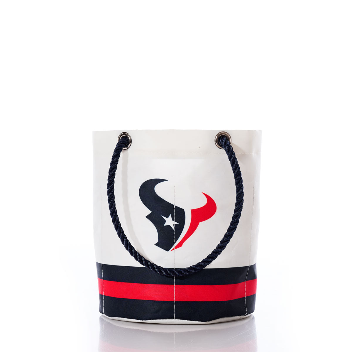 The Sea Bags Houston Texans Beverage Bucket features a white design with navy rope handles, black and red stripes, and a stylized bull logo with a star on the front—ideal for serving as a sustainable cooler or beverage bucket at your outings. by Sea Bags