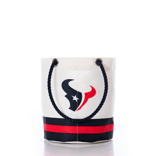 The Sea Bags Houston Texans Beverage Bucket features a white design with navy rope handles, black and red stripes, and a stylized bull logo with a star on the front—ideal for serving as a sustainable cooler or beverage bucket at your outings. by Sea Bags