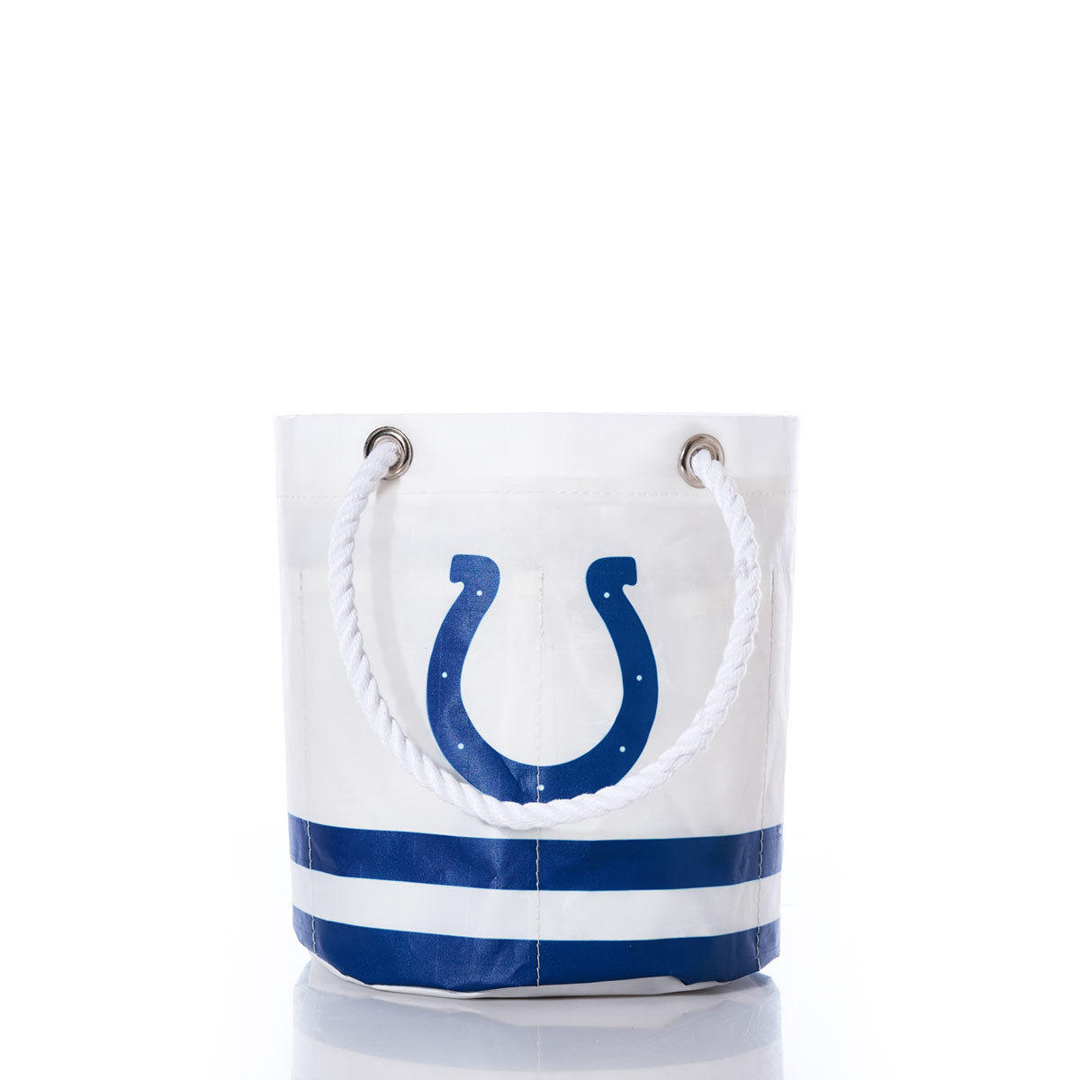Sea Bags Indianapolis Colts Beverage Bucket—a stylish white canvas bucket featuring a blue horseshoe emblem reminiscent of the team’s logo, blue stripes at the base, and sturdy white rope handles. Perfect for Colts fans to keep drinks cool and show team spirit. by Sea Bags