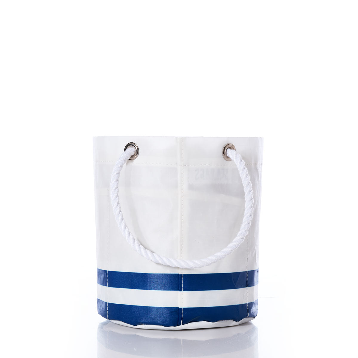 The Sea Bags Indianapolis Colts Beverage Bucket is a white bucket-style bag featuring two blue horizontal stripes at the bottom, silver grommets, and a thick white rope handle, shown against a clean white background. by Sea Bags