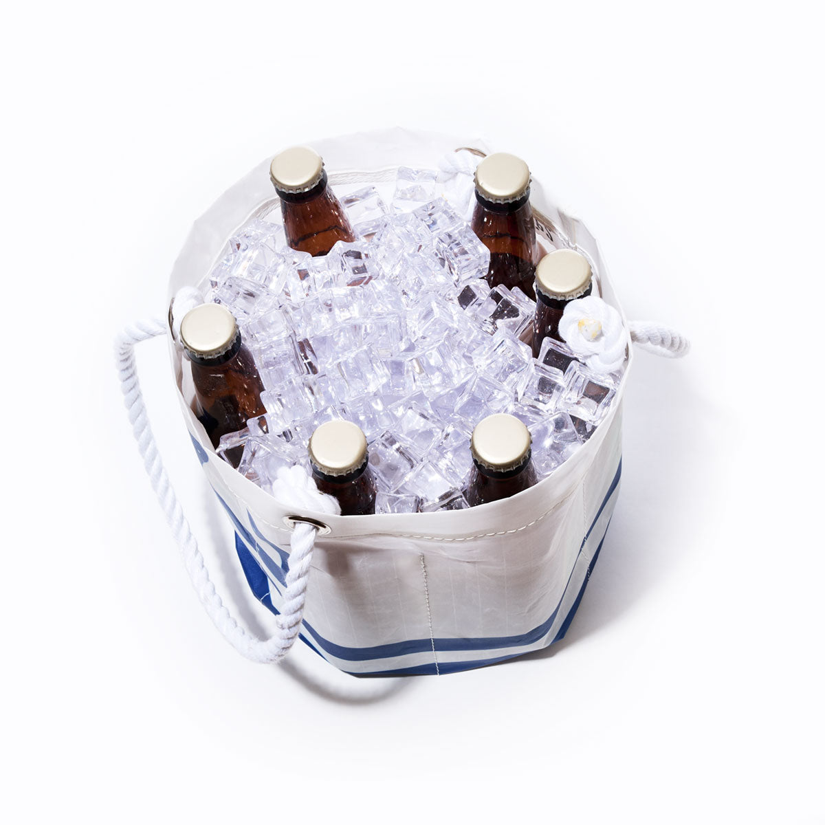 The Sea Bags Indianapolis Colts Beverage Bucket, featuring rope handles and filled with six capped brown bottles nestled in ice cubes, is shown from above on a white background—an ideal game day accessory for Colts fans. by Sea Bags