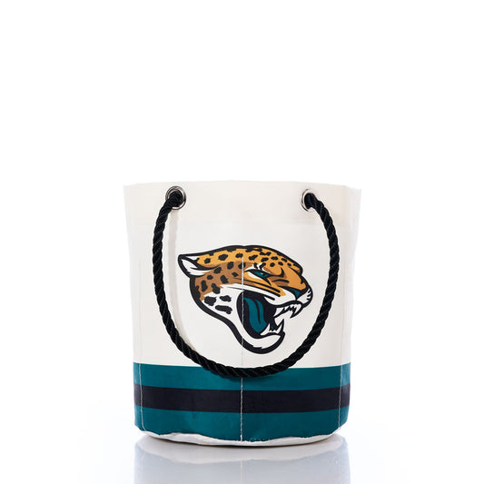 Sea Bags Jacksonville Jaguars Beverage Bucket with sturdy rope handles, featuring a bold jaguar logo and teal, black, and gold stripes at the base—a stylish NFL bucket perfect for fans. by Sea Bags