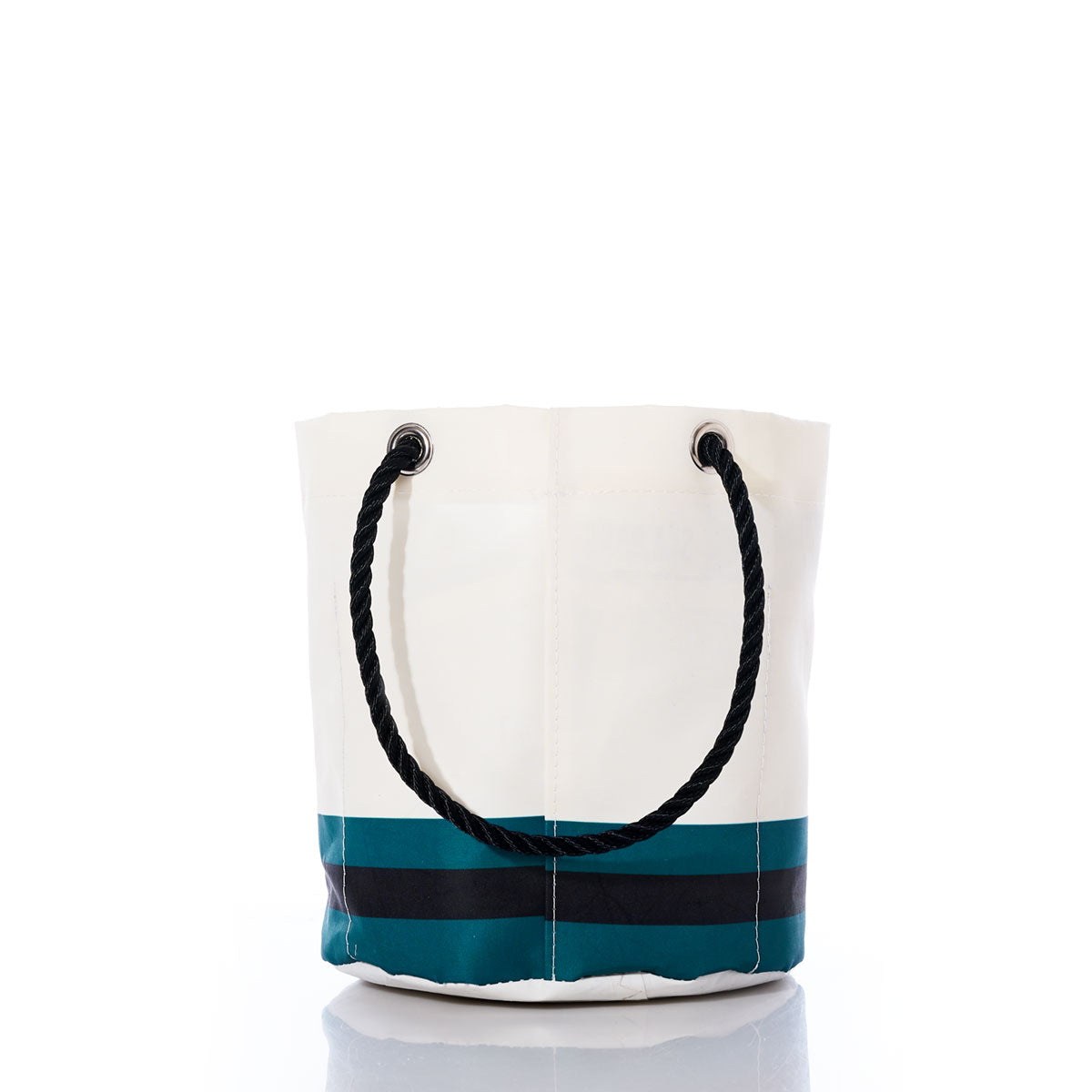 The Jacksonville Jaguars Beverage Bucket by Sea Bags is a white bucket bag accented with black and teal stripes at the bottom—echoing the teams iconic colors. It features a thick black rope handle and is photographed against a white background. by Sea Bags