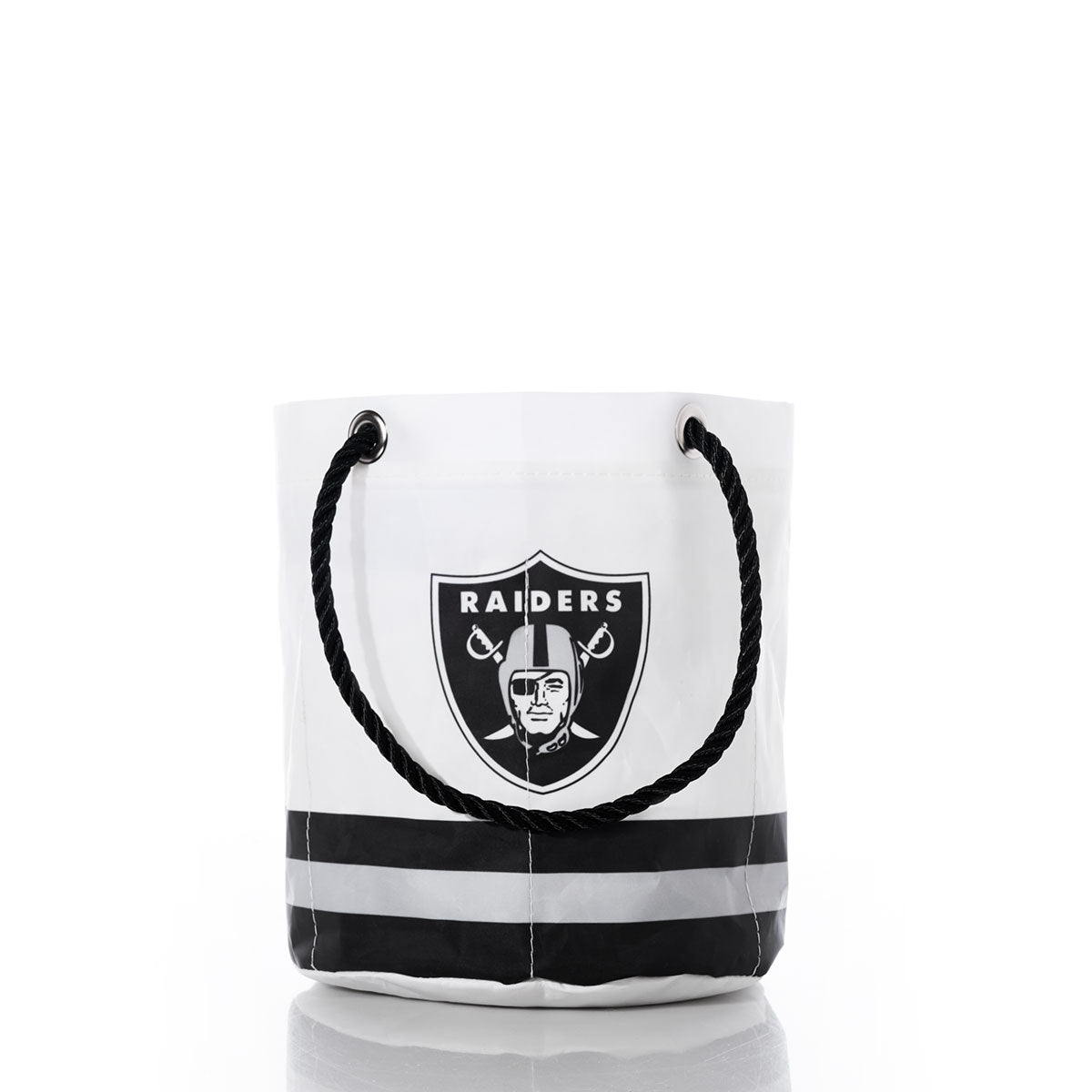 Sea Bags Las Vegas Raiders Beverage Bucket in black and white, featuring thick rope handles and the Raiders football team logo on the front, displayed against a plain white background. by Sea Bags