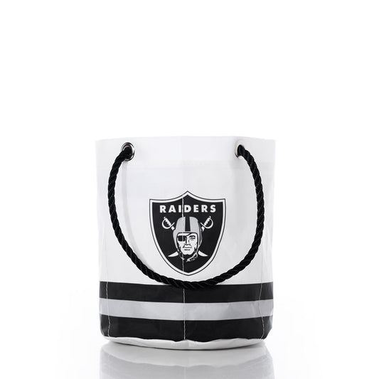 Sea Bags Las Vegas Raiders Beverage Bucket in black and white, featuring thick rope handles and the Raiders football team logo on the front, displayed against a plain white background. by Sea Bags