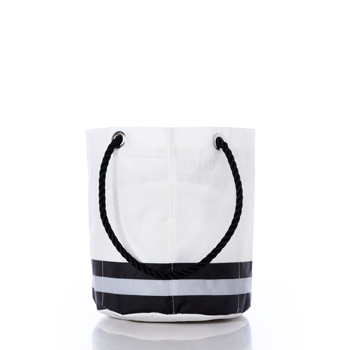 A stylish white Las Vegas Raiders Beverage Bucket by Sea Bags, featuring two black rope handles and two black horizontal stripes near the bottom, reminiscent of a classic NFL logo bag, displayed on a plain white background. by Sea Bags