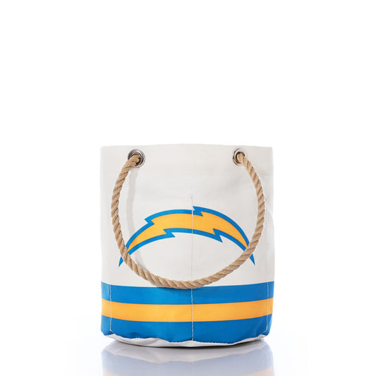 Introducing the Los Angeles Chargers Beverage Bucket by Sea Bags—crafted from recycled sail cloth for eco-friendly flair. This white bucket features sturdy rope handles and is adorned with the Los Angeles Chargers’ blue and yellow logo and stripes near the base, all set against a clean white background. by Sea Bags