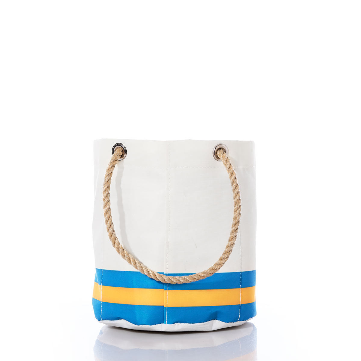 The Los Angeles Chargers Beverage Bucket by Sea Bags is crafted from recycled sail cloth, featuring blue and yellow stripes at the bottom and two rope handles, photographed on a white background. by Sea Bags