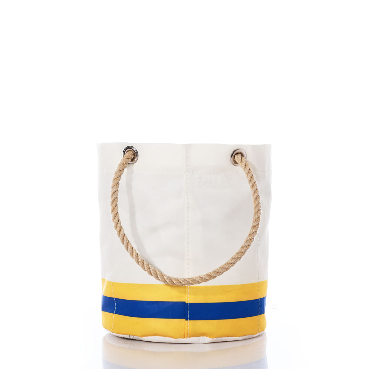 The Los Angeles Rams Beverage Bucket by Sea Bags features white canvas with tan rope handles, yellow and blue horizontal stripes near the base, and metal grommets at the top—combining nautical elegance with team spirit, this stylish and sustainable cooler is perfect for carrying everyday essentials or enjoying weekend adventures. by Sea Bags