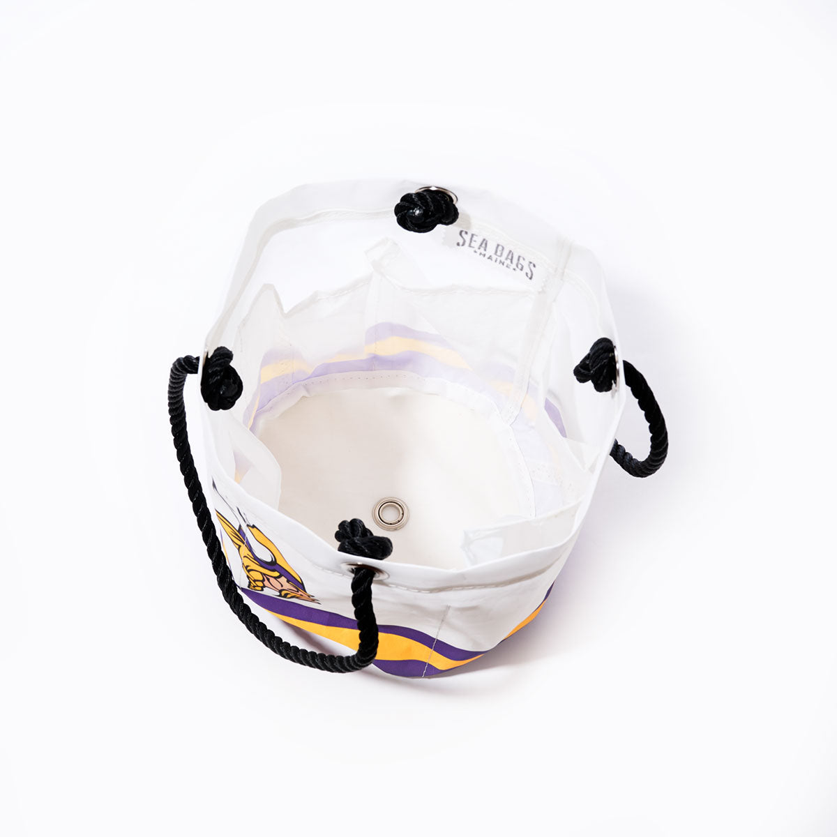 A white and purple Minnesota Vikings Beverage Bucket by Sea Bags, featuring black rope handles, is shown from above on a white background. by Sea Bags