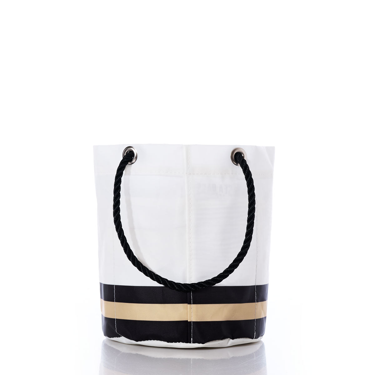 Carry your favorite beverages in style with the Sea Bags New Orleans Saints Beverage Bucket, featuring a white design accented by black and tan horizontal stripes near the base and finished with sturdy black rope handles attached by metal grommets—perfect as a chic Saints bag or a sustainable cooler for any occasion. by Sea Bags
