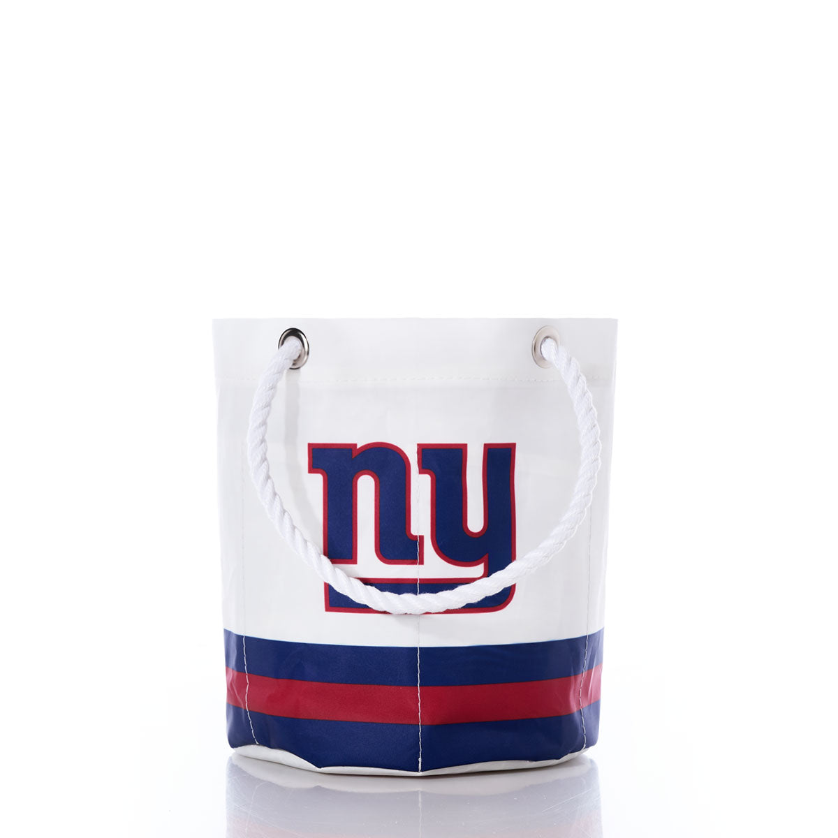 The Sea Bags New York Giants Beverage Bucket is a stylish and sustainable cooler made from white sail cloth, designed with rope handles, the New York Giants ny logo, and blue and red stripes at the bottom—perfect for any NFL fan. by Sea Bags