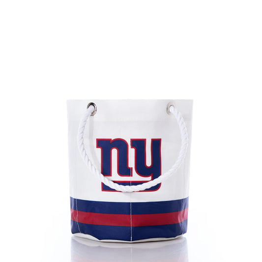 The Sea Bags New York Giants Beverage Bucket is a stylish and sustainable cooler made from white sail cloth, designed with rope handles, the New York Giants ny logo, and blue and red stripes at the bottom—perfect for any NFL fan. by Sea Bags