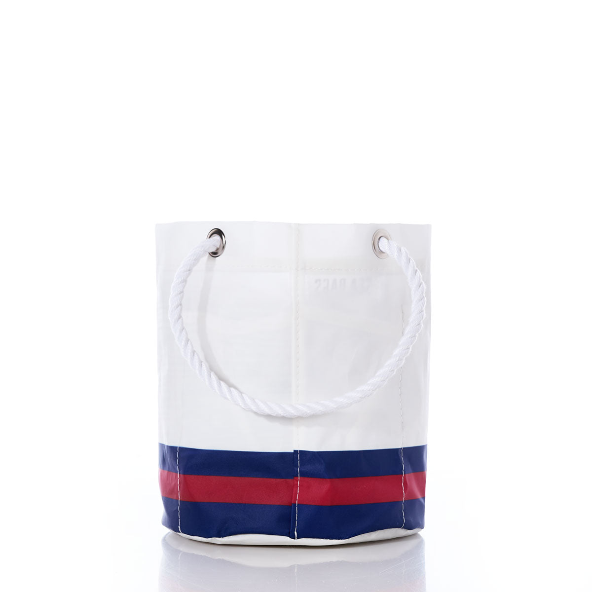 Sea Bags New York Giants Beverage Bucket is crafted from durable sail cloth and features metal grommets, a white rope handle, and red and blue stripes near the base—styled as a modern beverage bucket and displayed against a crisp white background. by Sea Bags