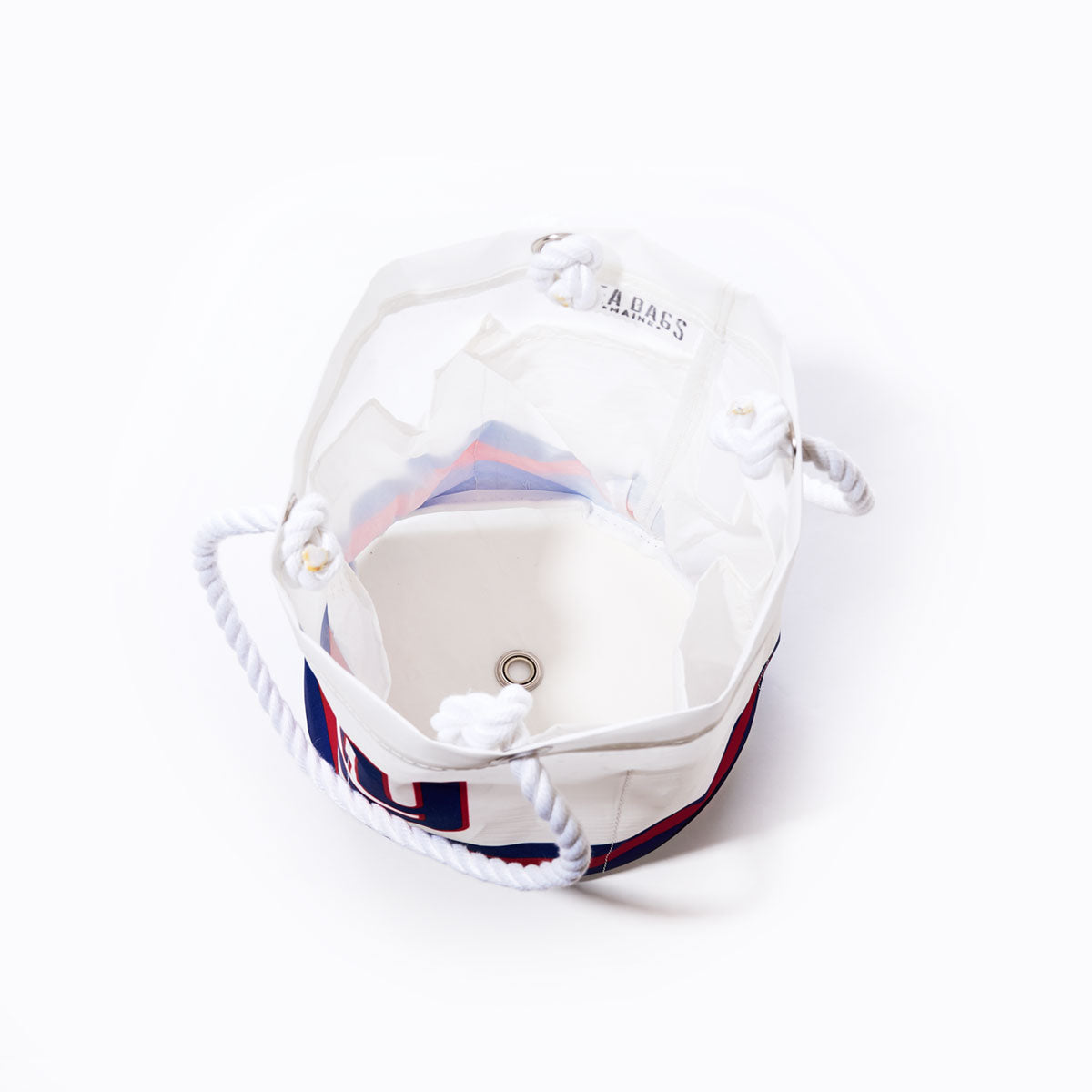 Sea Bags New York Giants Beverage Bucket—crafted from white sail cloth with sturdy rope handles, a round metal grommet at the base, and featuring a blue and red striped pattern for a distinctive nautical look. by Sea Bags
