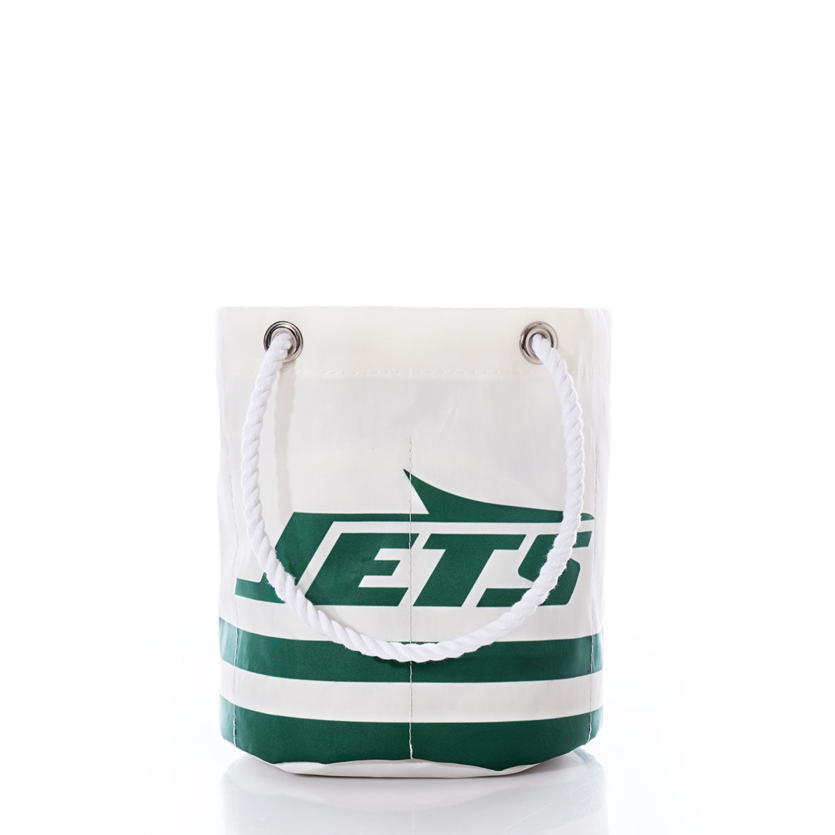The New York Jets Beverage Bucket by Sea Bags is a white and green tote with rope handles, featuring part of the New York Jets logo on the front. Set against a white background, this versatile Sea Bags cooler is a must-have for fans and easily doubles as a sustainable beverage bucket. by Sea Bags