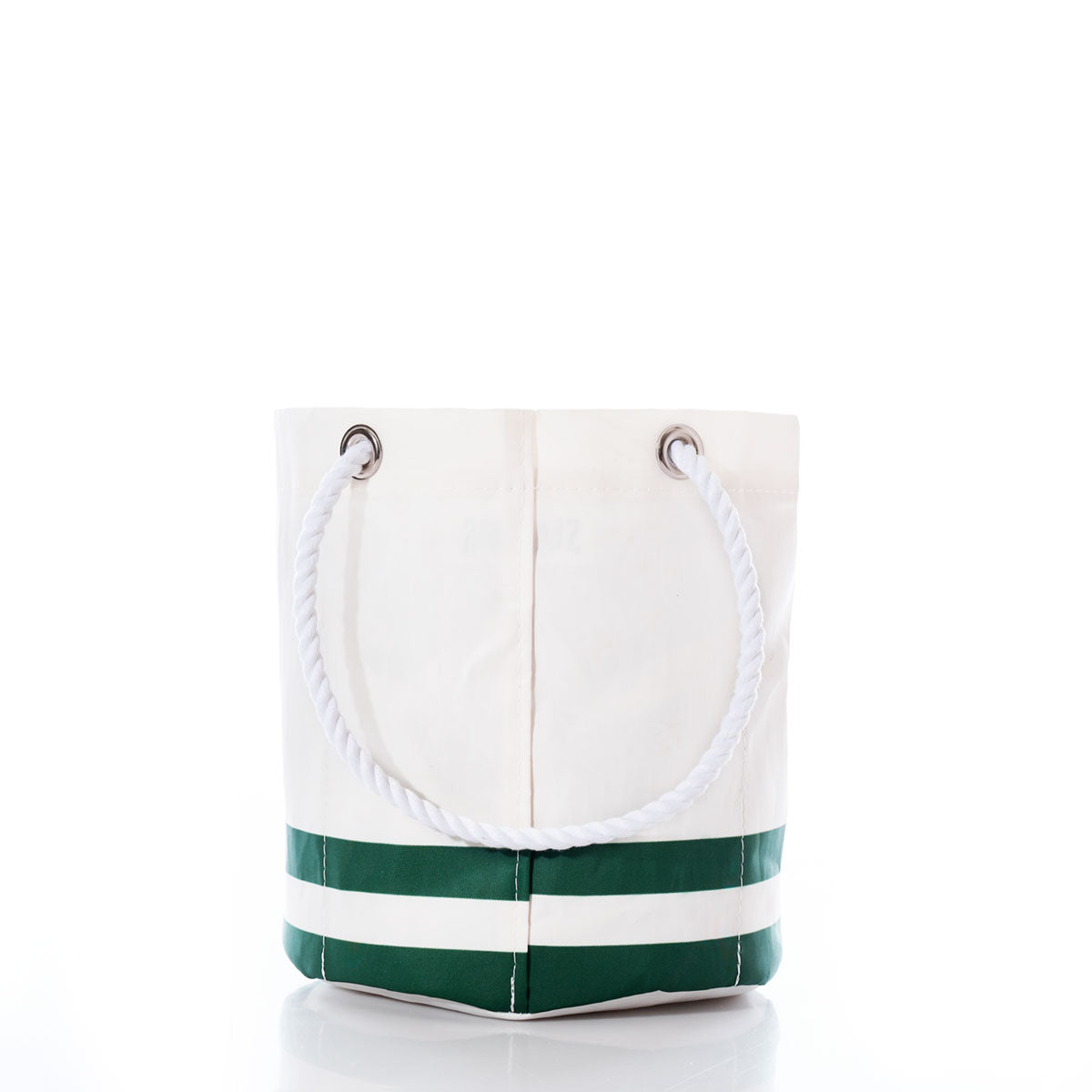 Sea Bags New York Jets Beverage Bucket, featuring green and white stripes at the base, sturdy white rope handles with metal grommets, and a cooler-inspired sustainable design, shown against a plain white background. by Sea Bags