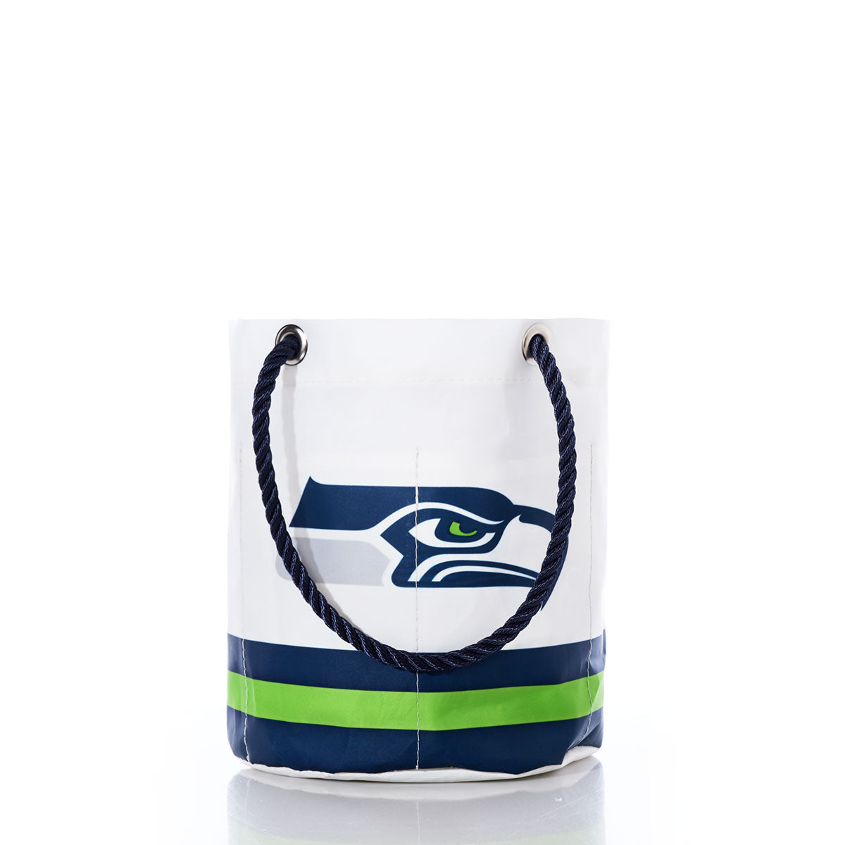 Seattle Seahawks Beverage Bucket by Sea Bags, crafted from recycled sail cloth in white with navy blue and green stripes, featuring a Seattle Seahawks logo and two black rope handles, displayed on a white background. by Sea Bags