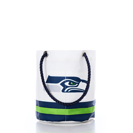 Seattle Seahawks Beverage Bucket by Sea Bags, crafted from recycled sail cloth in white with navy blue and green stripes, featuring a Seattle Seahawks logo and two black rope handles, displayed on a white background. by Sea Bags