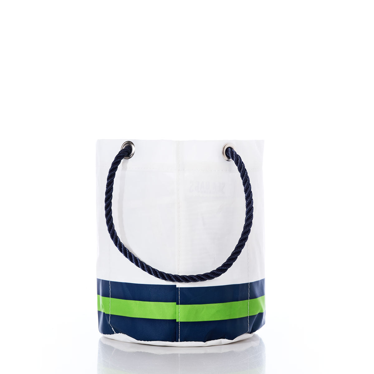 Sea Bags Seattle Seahawks Beverage Bucket, made from recycled sail cloth, features navy and green horizontal stripes near the bottom and a sturdy navy rope handle. Shown on a white background, this sustainable cooler is perfect for game days—a must-have accessory for any Seahawks fan. by Sea Bags