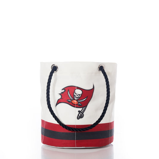 Introducing the Tampa Bay Buccaneers Beverage Bucket by Sea Bags—crafted from recycled sail cloth, this white and red canvas bucket features a sturdy nautical rope handle and showcases a bold Tampa Bay Buccaneers logo on the front. by Sea Bags