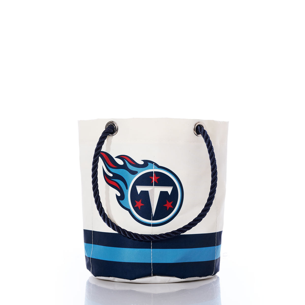 Tennessee Titans Beverage Bucket by Sea Bags, featuring blue rope handles, blue stripes at the bottom, and a Tennessee Titans football team logo on the front. Crafted from recycled sail cloth for an eco-friendly touch. Shown on a white background. by Sea Bags