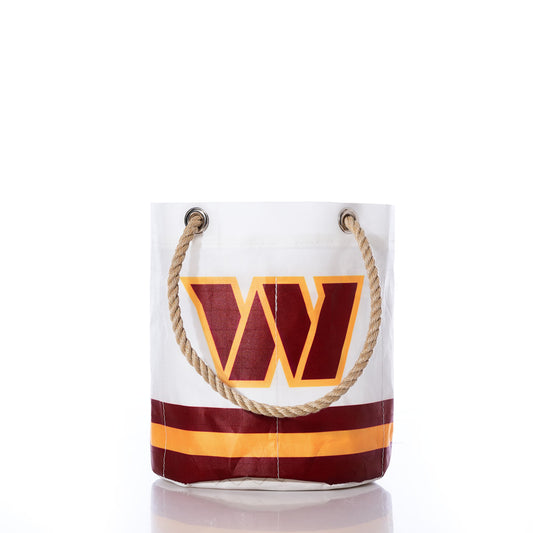 The Sea Bags Washington Commanders Beverage Bucket features rope handles, a striking maroon and yellow W logo, and horizontal stripes near the base on a crisp white background—an attention-grabbing accessory ideal for loyal Washington Commanders fans. by Sea Bags