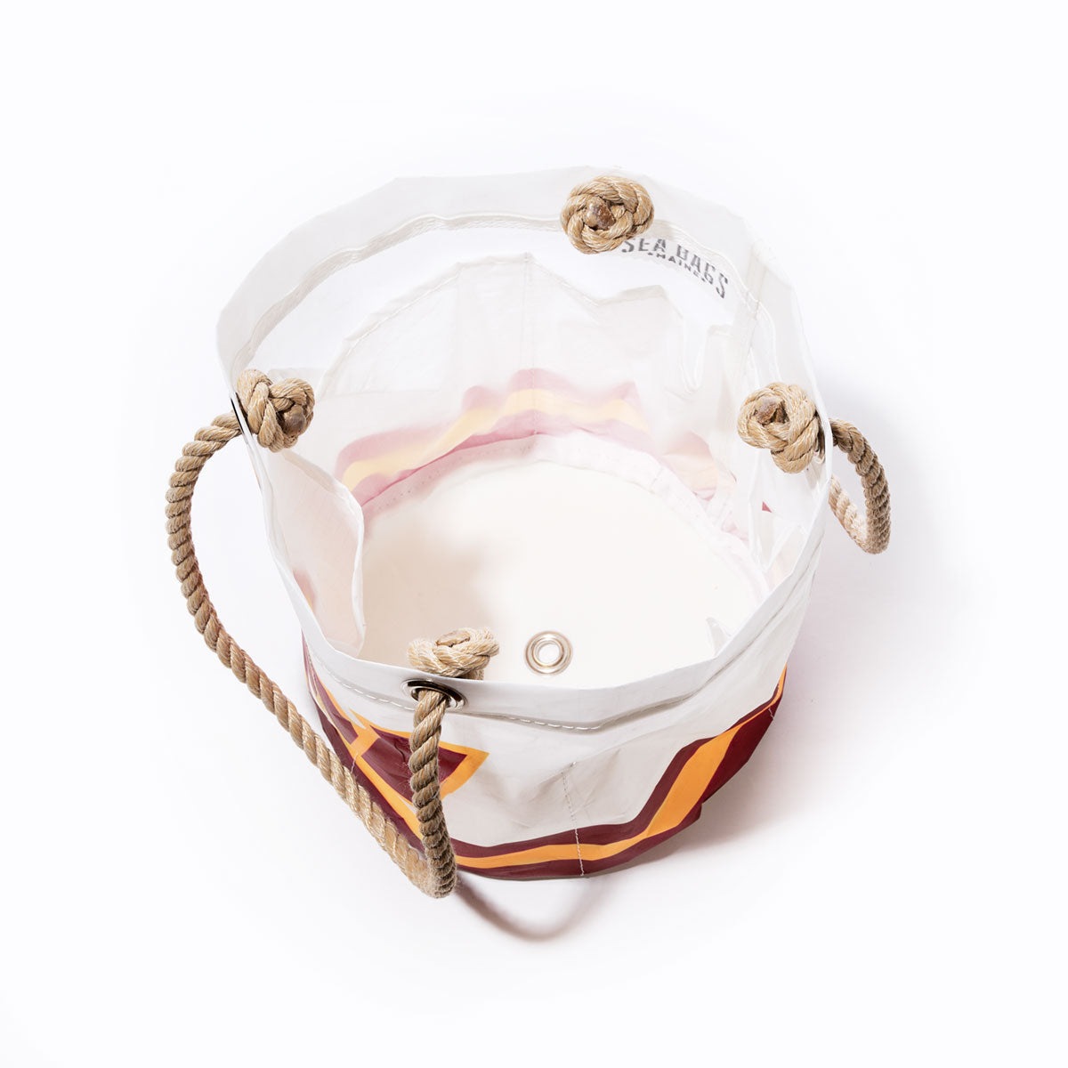 A white, open-top cylindrical Washington Commanders Beverage Bucket by Sea Bags—crafted from sailcloth with rope handles and featuring red and yellow stripe accents—is shown from above against a white background. by Sea Bags