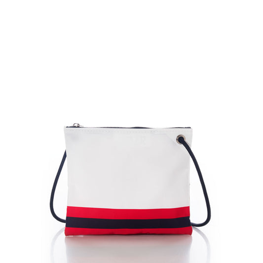 Sea Bags Kansas City Chiefs Slim Crossbody—an eco-friendly white crossbody bag featuring a navy blue strap and bold horizontal navy blue and red stripes near the bottom, shown against a white background. by Sea Bags