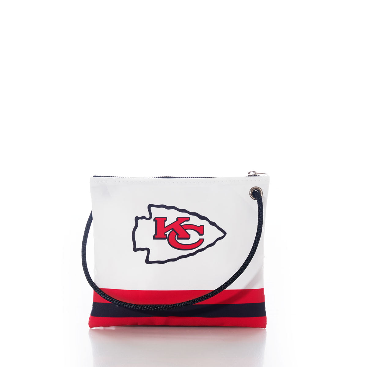 Introducing the Kansas City Chiefs Slim Crossbody by Sea Bags—a sustainable white and red zippered crossbody bag with a black strap, featuring the iconic Kansas City Chiefs logo on the front. Perfect for showing your team spirit on the go. by Sea Bags