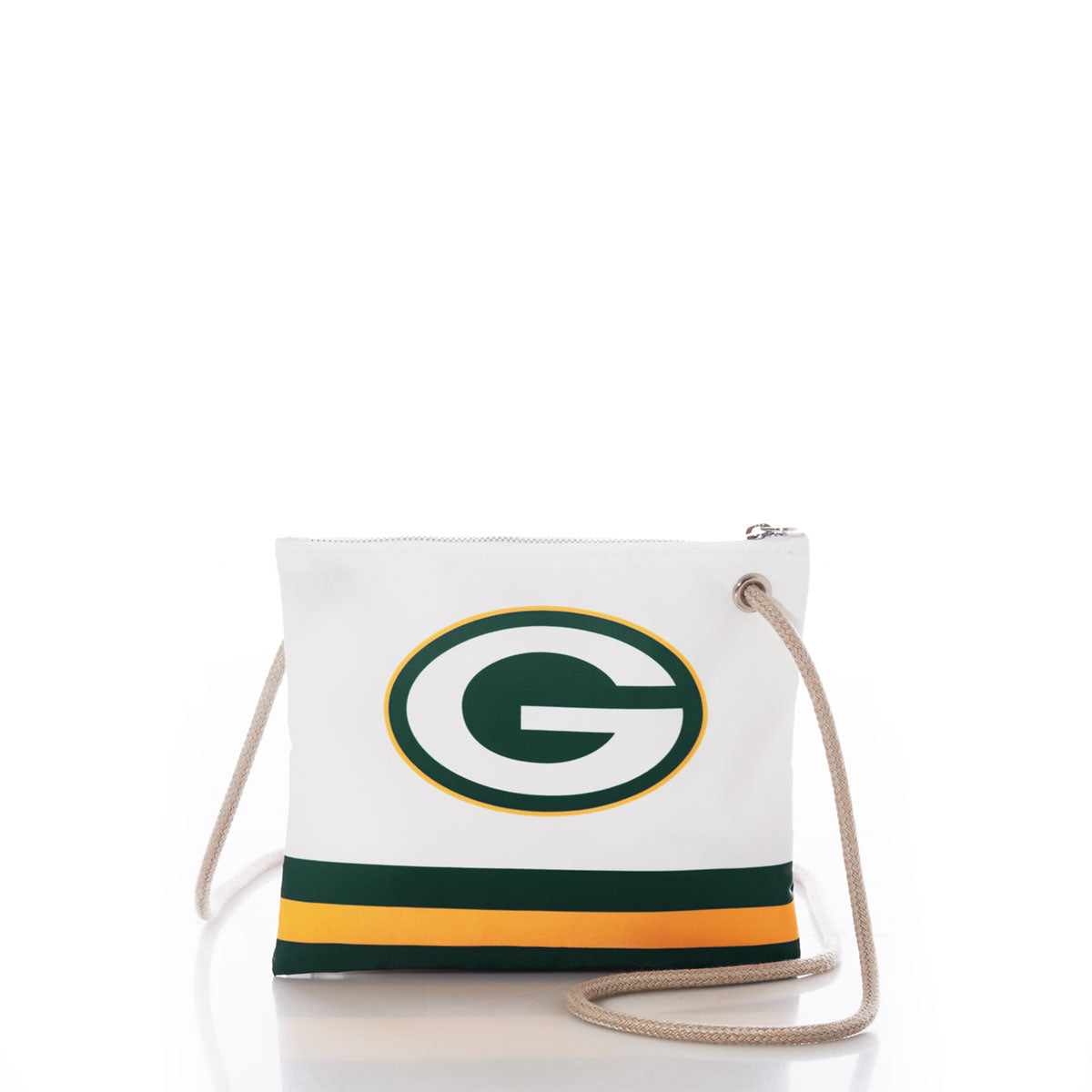 Introducing the Sea Bags Green Bay Packers Slim Crossbody: a white, sustainable crossbody bag crafted from recycled sail cloth, featuring the official Packers logo with green and yellow stripes near the bottom, a beige rope strap, and a visible zipper closure. by Sea Bags