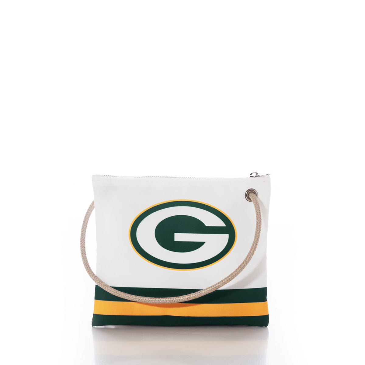 The Sea Bags Green Bay Packers Slim Crossbody is a stylish and sustainable white pouch crafted from recycled sail cloth, featuring a rope handle, the iconic Packers G logo, and green and yellow stripes at the bottom—perfect for any fan. by Sea Bags