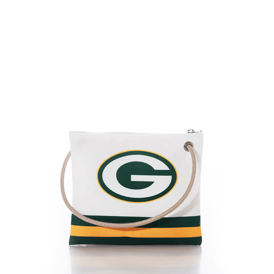 The Sea Bags Green Bay Packers Slim Crossbody is a stylish and sustainable white pouch crafted from recycled sail cloth, featuring a rope handle, the iconic Packers G logo, and green and yellow stripes at the bottom—perfect for any fan. by Sea Bags