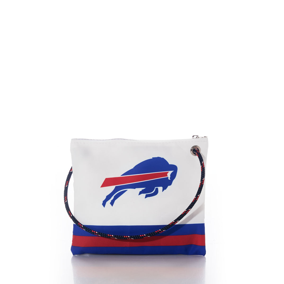 Introducing the Buffalo Bills Slim Crossbody by Sea Bags—a white wristlet pouch made from recycled sail cloth, showcasing the Buffalo Bills logo prominently in the center and accented with bold red and blue horizontal stripes along the bottom. The look is completed with a sturdy navy and red rope wrist strap, making this sustainable accessory a perfect fusion of sporty flair and eco-friendly design. by Sea Bags