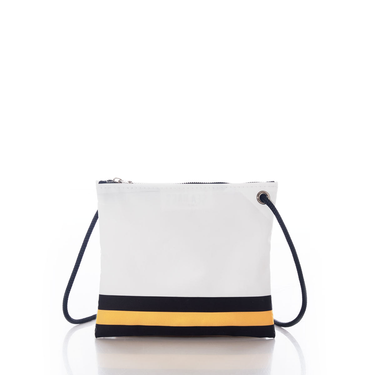 The Sea Bags Pittsburgh Steelers Slim Crossbody is a small white zippered pouch with a black strap, crafted from recycled sail cloth and featuring horizontal black and yellow stripes near the base for a distinct Steelers look, shown on a white background. by Sea Bags