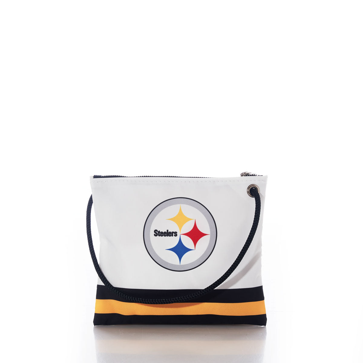 Introducing the Pittsburgh Steelers Slim Crossbody by Sea Bags—a sporty white crossbody bag made from recycled sail cloth, accented with a black strap, the official Pittsburgh Steelers logo, and a bold black and yellow stripe along the bottom for added team spirit and durability. by Sea Bags