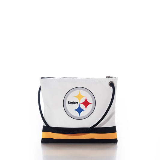 Introducing the Pittsburgh Steelers Slim Crossbody by Sea Bags—a sporty white crossbody bag made from recycled sail cloth, accented with a black strap, the official Pittsburgh Steelers logo, and a bold black and yellow stripe along the bottom for added team spirit and durability. by Sea Bags