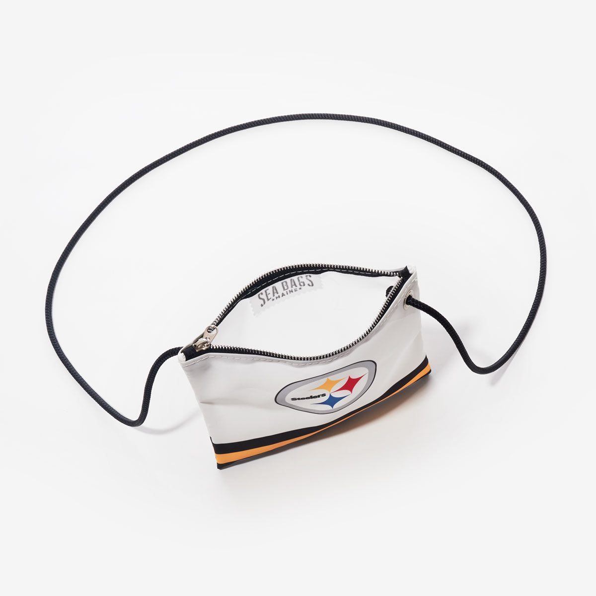 The Sea Bags Pittsburgh Steelers Slim Crossbody features a small, white design crafted from recycled sail cloth, accented with a black strap and the Pittsburgh Steelers logo on the front. It is shown against a white background. by Sea Bags