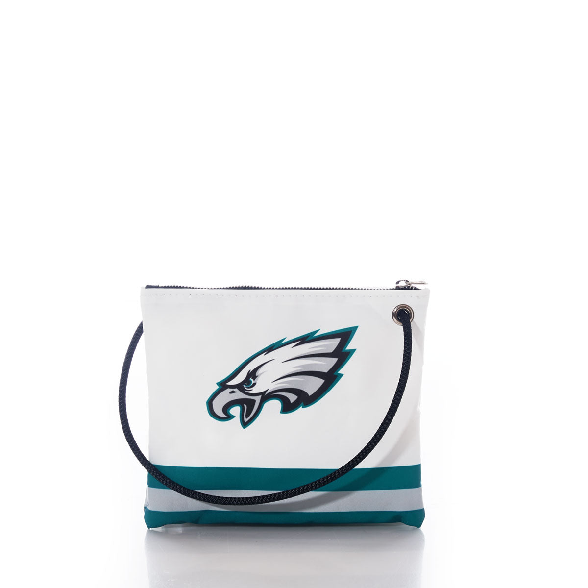 The Sea Bags Philadelphia Eagles Slim Crossbody is a small white zippered recycled sail cloth bag with a black strap, showcasing the Eagles logo and teal stripes near the bottom, photographed on a white background—an ideal sustainable gift for Philly fans. by Sea Bags