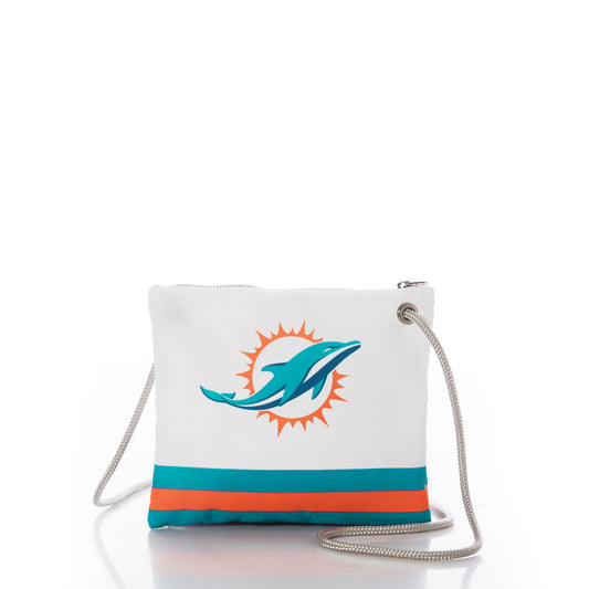 Introducing the Miami Dolphins Slim Crossbody by Sea Bags—a small white bag crafted from recycled sail cloth, showcasing the team logo, accented with orange and teal stripes at the bottom, and finished with a thin silver strap. The perfect sustainable game day crossbody. by Sea Bags