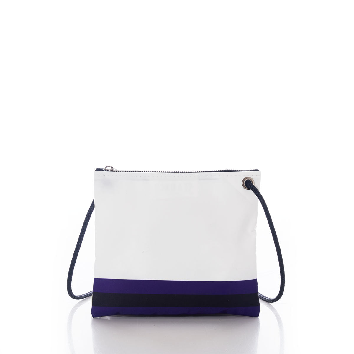 The Sea Bags Baltimore Ravens Slim Crossbody is a white bag crafted from recycled sail cloth, featuring a distinctive black and navy blue stripe near the bottom, a zip closure at the top, and a dark shoulder strap, displayed on a white background. by Sea Bags