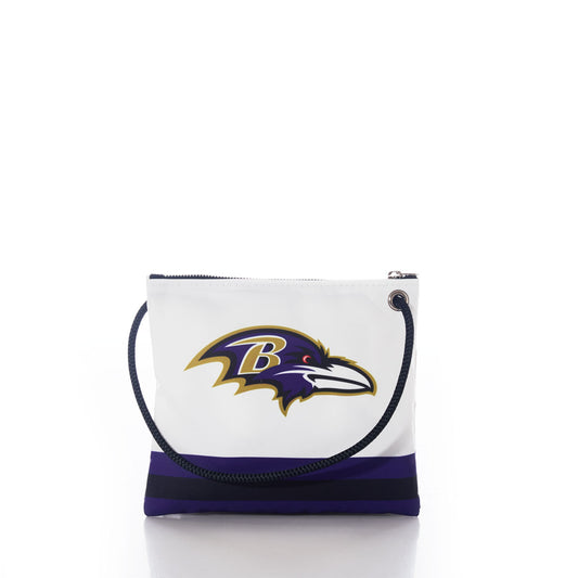 Baltimore Ravens Slim Crossbody by Sea Bags, crafted from recycled sail cloth in white and purple, features the Baltimore Ravens logo, a black zip closure, and a dark shoulder strap, displayed on a white background. by Sea Bags