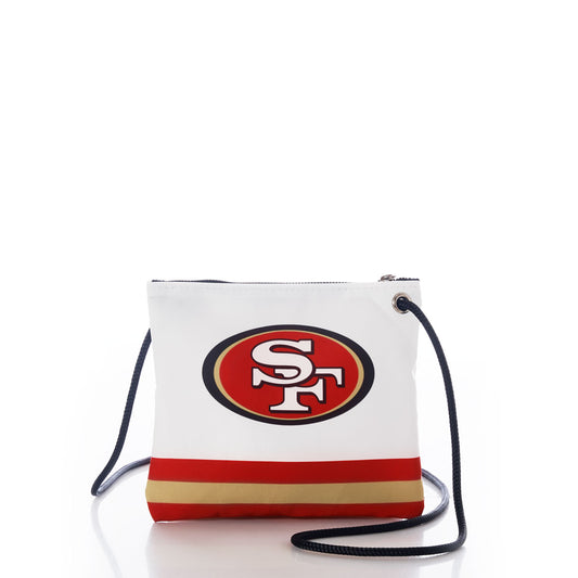 Carry your team pride sustainably with the Sea Bags San Francisco 49ers Slim Crossbody, crafted from recycled white sail cloth and featuring a black strap, secure zipper closure, bold 49ers logo on the front, and red and gold stripes at the bottom. by Sea Bags