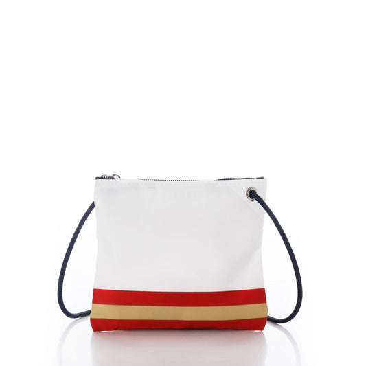 The Sea Bags San Francisco 49ers Slim Crossbody is a small white bag crafted from recycled sail cloth, featuring a navy strap, red and gold horizontal stripes near the bottom, and a top zipper closure. Set against a plain white background, this crossbody makes a sustainable and stylish statement. by Sea Bags