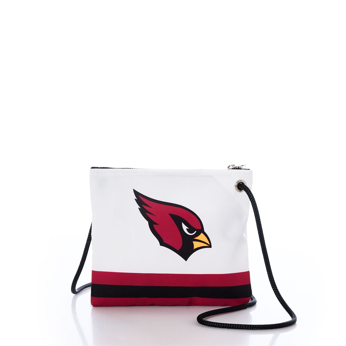 The Sea Bags Arizona Cardinals Slim Crossbody is a stylish and sustainable white crossbody bag featuring a black strap, the Arizona Cardinals logo, and two horizontal red and black stripes near the base—perfect for any Cardinals fan. Photographed on a white background. by Sea Bags