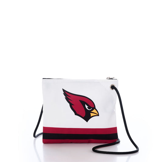 The Sea Bags Arizona Cardinals Slim Crossbody is a stylish and sustainable white crossbody bag featuring a black strap, the Arizona Cardinals logo, and two horizontal red and black stripes near the base—perfect for any Cardinals fan. Photographed on a white background. by Sea Bags