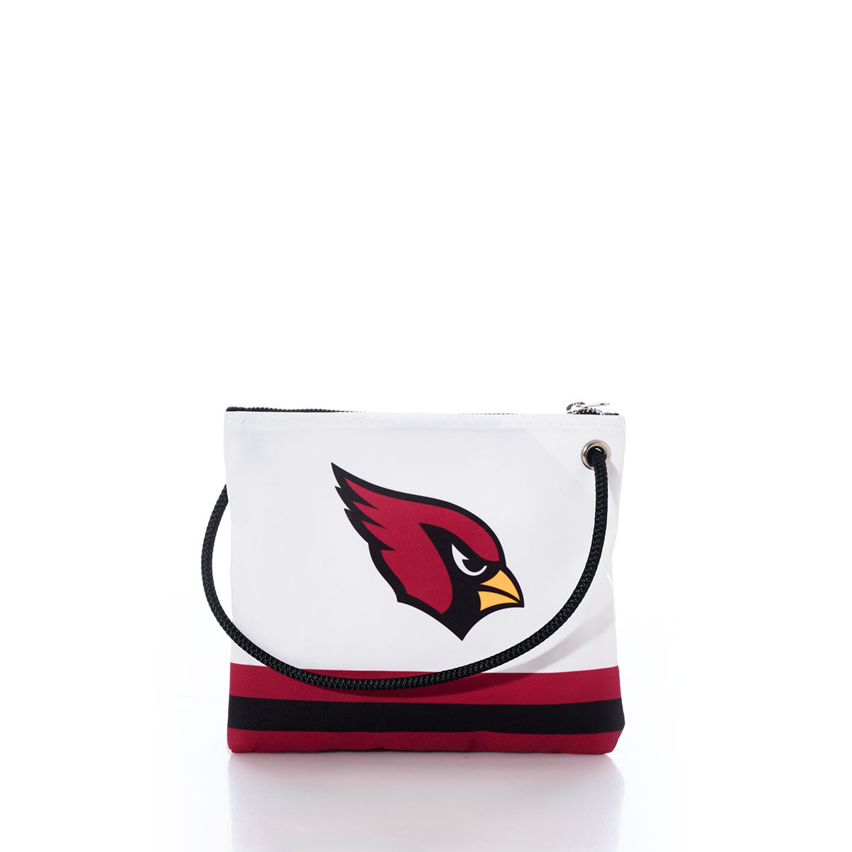 Show your NFL spirit and stay eco-friendly with the Sea Bags Arizona Cardinals Slim Crossbody—a sustainable white and red bag featuring a zippered closure, black strap, and the Arizona Cardinals football team logo on the front. by Sea Bags